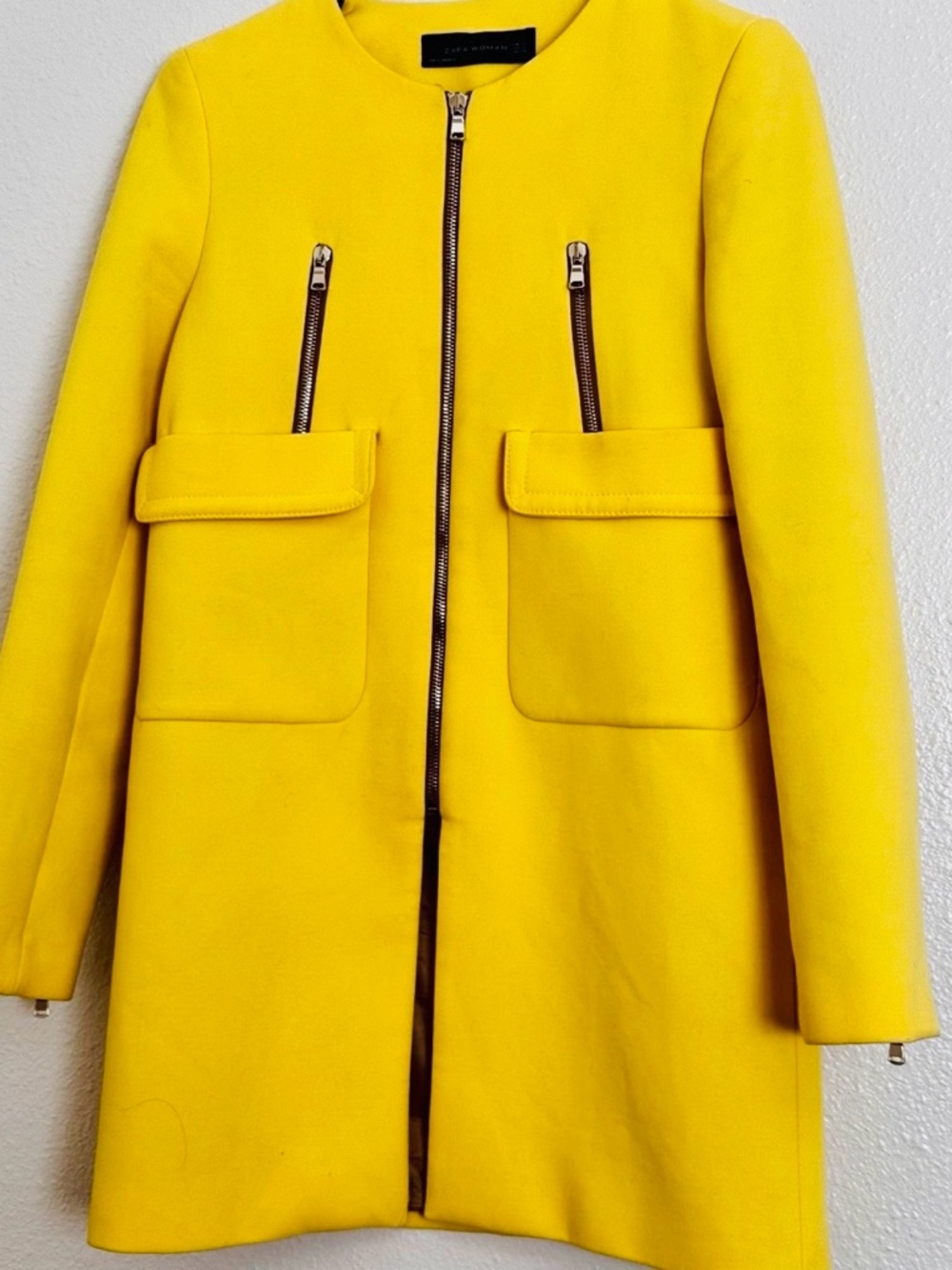 Zara Yellow Zip-Front Pea Coat with Pocket Flaps